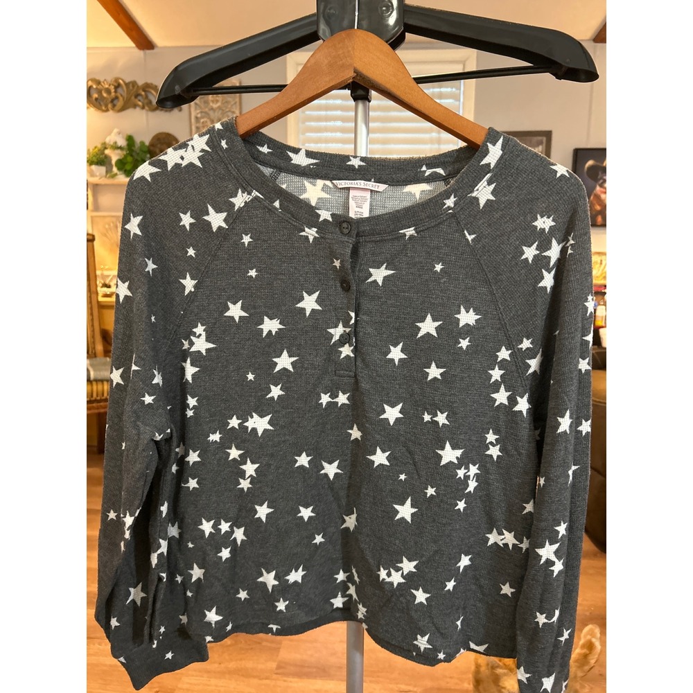 Victorias Secret Grey Star Print Long Sleeve Henley Top Womens Small